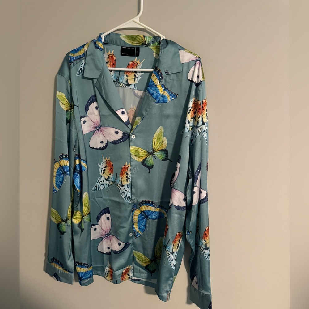 ASOS Design men’s blue butterfly satin shirt